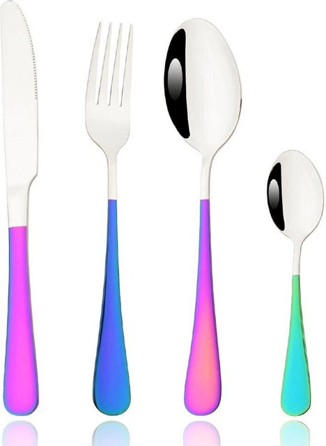 Jankng Basic Besteck-Set aus Edelstahl, 4-teilig mit Regenbogengriff in Gold und Silber, Set bestehend aus Messer, Gabel, Löffel und Teelöffel - Bild 1