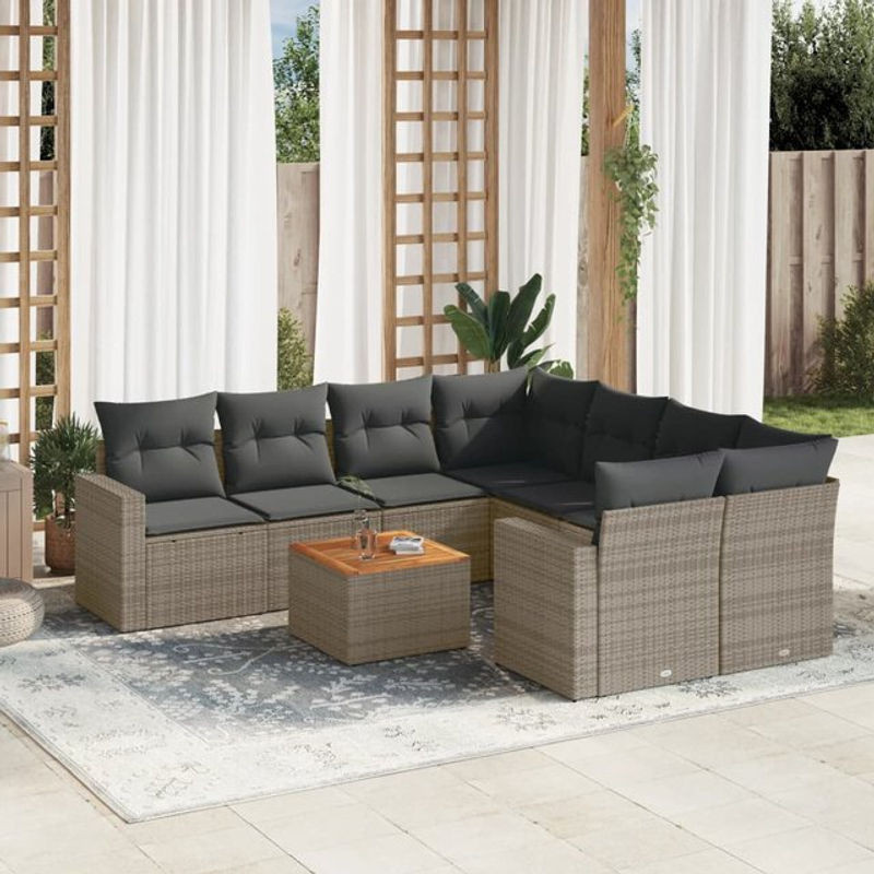 Vidaxl Gartenmöbel-Set aus Polyrattan mit Kissen, 9-teilig, Grau, Modernes Design - Bild 1