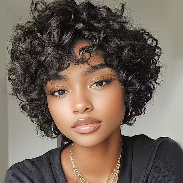 OYM HAIR Bob-Locken-Pixie-Perücke, Echthaar, Schwarz, Damen - Bild 1