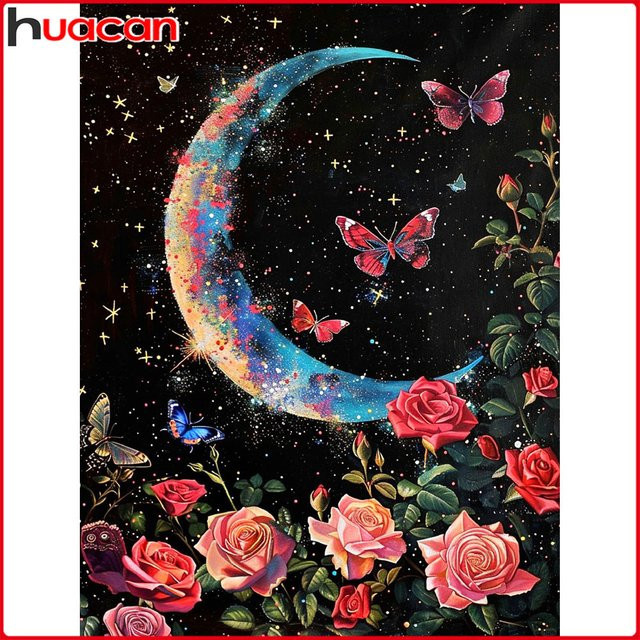 Huacan DIY Diamantmalerei Rose Mond Blumen-Landschaft Set, Mehrfarbig, B: 30,0 cm, H: 20,0 cm - Bild 1