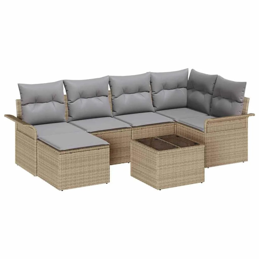 vidaXL Garten-Sofa-Set aus Polyrattan in Beige, 7-teiliges L-Shape Lounge-Set mit Kissen, Ottomane und Couchtisch - Bild 2