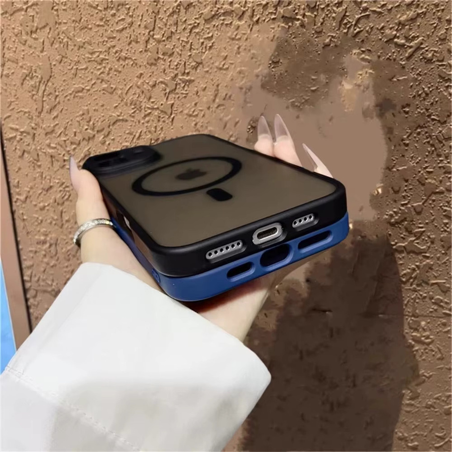 Magnetische Panzer-Schutzhülle für iPhone 12 bis 17 Pro Max Plus mit MagSafe Unterstützung, luxuriös matt und transluzent, in Grau und Blau - Bild 1