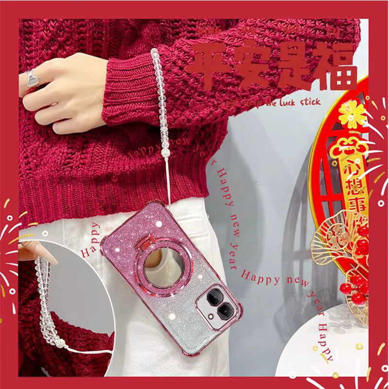 Stoßfeste Handyhülle mit Glitzer-Effekt, Spiegelständer und Perlenarmband für Infinix Smart 10, Spark Go 2 und Pop10 in Pink - Bild 2