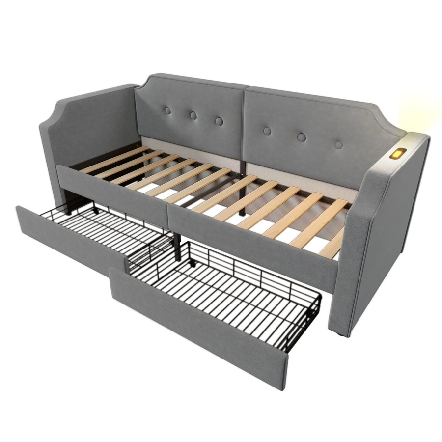 Merax Sofabett in Grau mit Schubladen, USB-C Ladestation und integriertem Leselicht, B/T/H: 90 x 200 cm - Bild 2