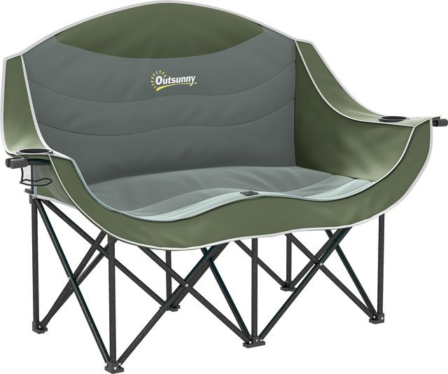 Outsunny 2-Sitzer Faltstuhl für Outdoor und Camping in Grün mit Getränkehalter und Tragetasche, gepolsterter Klappstuhl bis 250 kg belastbar - Bild 1