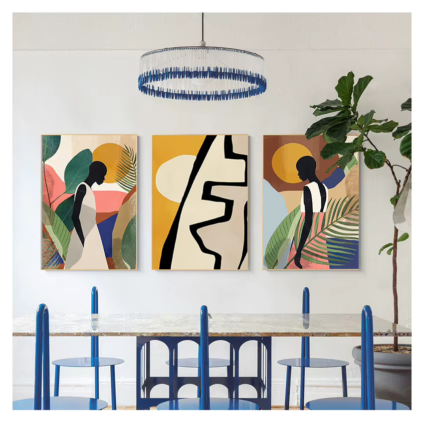 Skandinavisches Leinwandgemälde von Potdemiel mit abstraktem geometrischem Design und Vintage-Mädchen-Motiv in Mehrfarbig - Bild 2