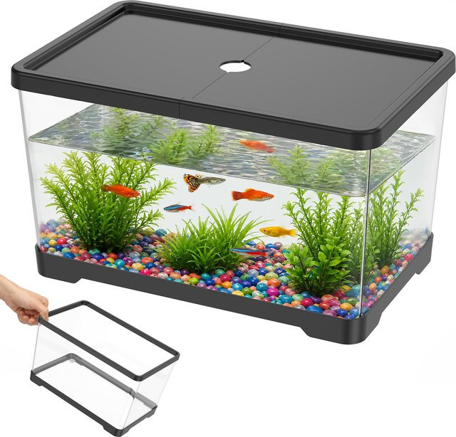 Willstar Transparentes Glas-Fischbecken mit Abdeckung, rechteckiges Desktop-Aquarium in Schwarz für Büro und Heimdekoration - Bild 1
