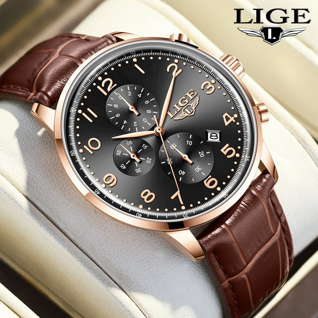 LIGE Armbanduhr Quarz, Leder, Schwarz, Roségold, Herren - Bild 1