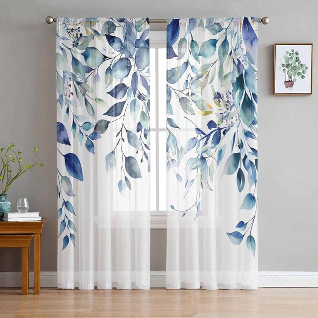 Yiran Furniture Transparente Chiffon-Vorhänge mit floralem Rattanblatt-Design in Weiß, Breite: 135 cm, Höhe: 115 cm - Bild 1