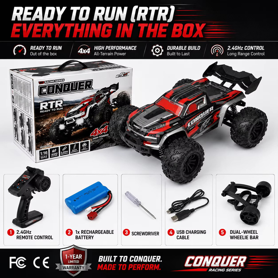 SZWDSE 4X4 RC Monster Truck, 1/16 Maßstab, Metallantrieb, mit LEDs, RTR - Bild 6