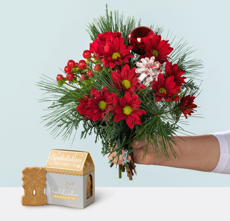BLUME2000 Wintergruß mit Spekulatius Bouquet Chrysanthemen Johanniskraut Rosen multicolor