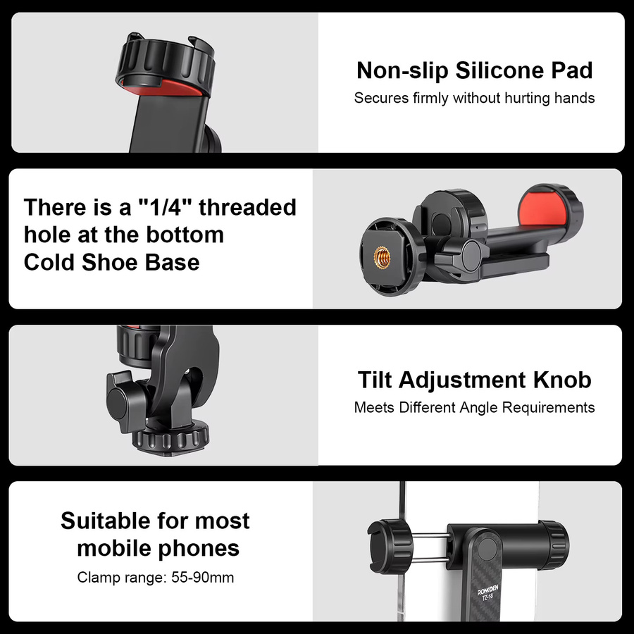 Ronkoen TZ-18 Universal Handy-Clip-Halterung mit 1/4 Zoll Schraube und 360 Grad Drehung für Samsung, iPhone und Xiaomi in Schwarz - Bild 4