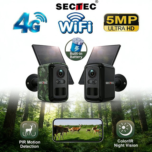 Sectec 5MP Mini Solar 4G Kamera für die Außenüberwachung in Camouflage mit WiFi, PIR-Erkennung und Auto-Tracking via UBox App - Bild 1