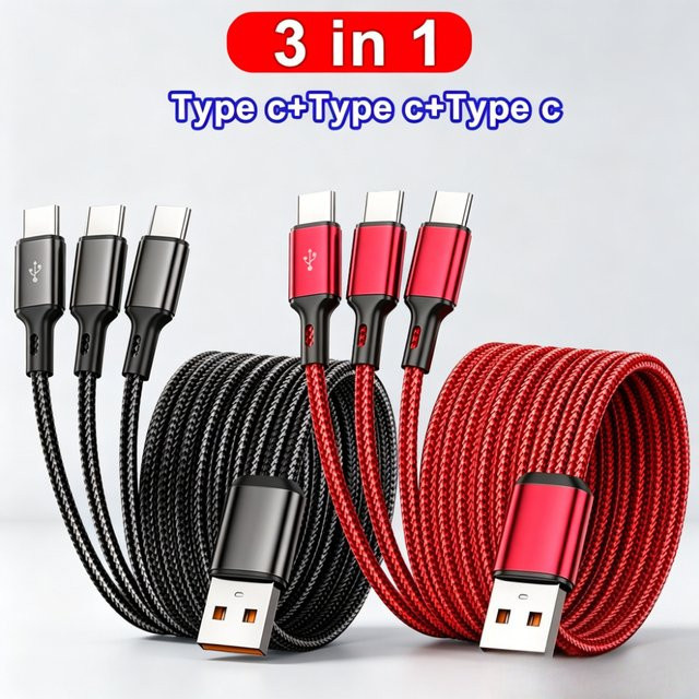 3-in-1 USB-auf-Typ-C-Kabel mit 100W Schnellladefunktion für iPhone, Samsung und Xiaomi, Farben: Rot und Schwarz - Bild 1