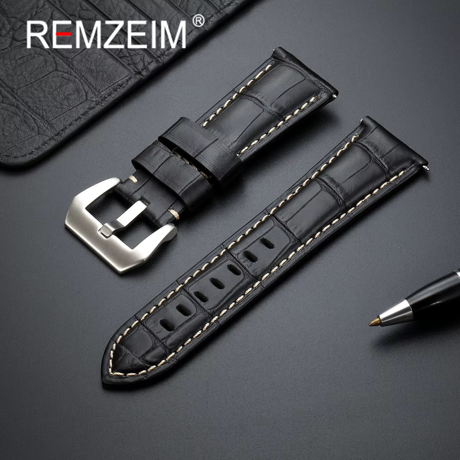 REMZEIM Uhrenarmband Leder, Bambus-Knotenmuster, Edelstahl, Schwarz, Herren - Bild 1