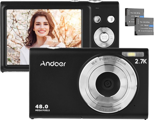 Andoer Kompakter 2,7K Digitalkamera Camcorder mit 48 MP, Autofokus, 2,88-Zoll-IPS-Bildschirm und 16-fachem Zoom in Schwarz - Bild 1
