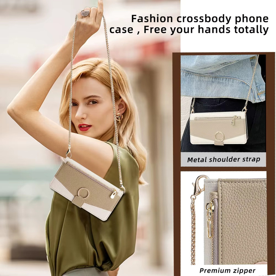 Damen Crossbody Handyhülle aus Leder mit Reißverschluss und Brieftaschenfunktion für Samsung Galaxy S24 FE, M55, M35, C55 und A16 in Grau - Bild 5