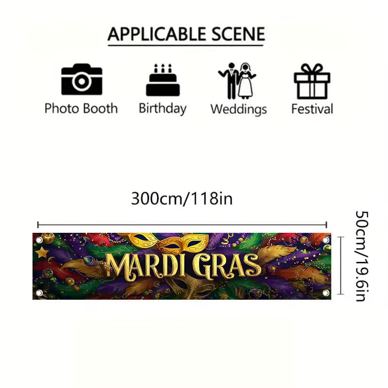 OURFETE Mardi Gras Party Banner Dekoration mit Federmasken-Motiv, Mehrfarbig, B: 200 cm, H: 45 cm - Bild 4