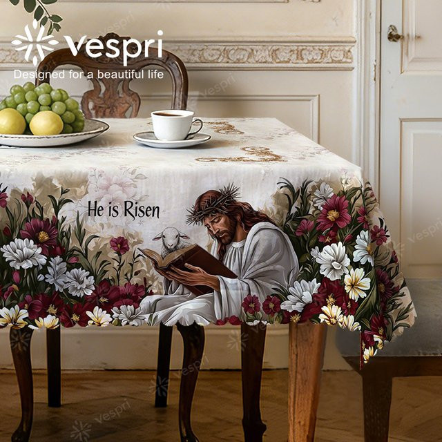 Vespri Oster-Tischdecke in Weiß und Beige mit floralem Muster für Party und Dekoration - Bild 1