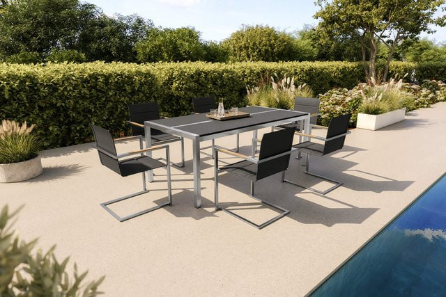 OUTFLEXX Garten-Essgruppe aus Edelstahl und Keramik in Schwarz/Silber mit 6 Freischwinger-Stühlen, Tisch B: 200 cm, T: 100 cm - Bild 1