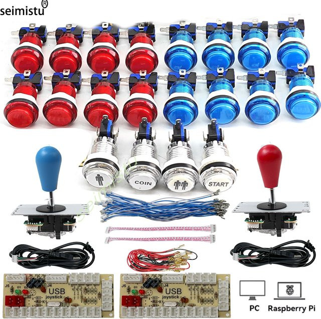 Seimistu DIY Arcade Kit für 2 Spieler mit LED Push Buttons und Joystick, USB Encoder für PC und Raspberry Pi, Multicolor - Bild 1