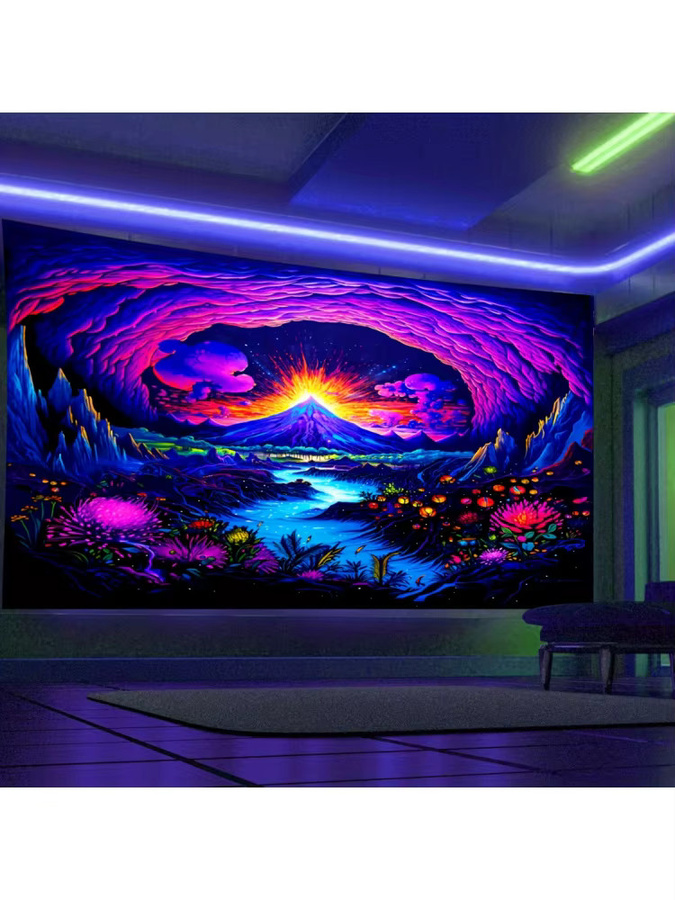 VIKAMA Trippy Wandteppich mit fluoreszierendem Farbverlauf, Vulkanhöhle Fantasielandschaft, Wandbehang für Gaming-Raum und Schlafzimmer, Mehrfarbig, Breite: 60 cm, Höhe: 40 cm - Bild 3