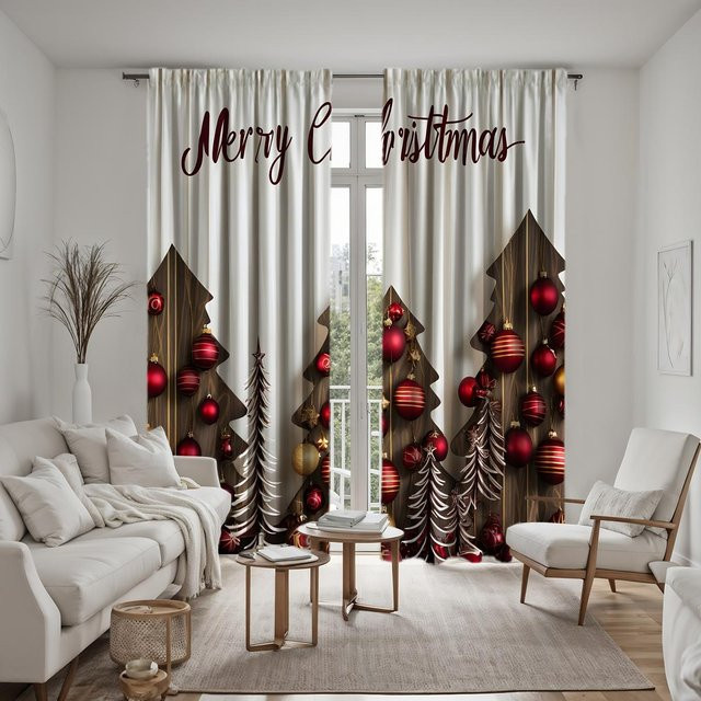 2-teiliges Set Weihnachts-Vorhang mit HD-Digitaldruck Krawatte und Weihnachtskugeln in Rot und Grau, B: 132 cm, H: 160 cm - Bild 1