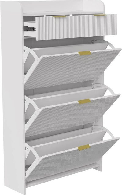 PXloue Schuhschrank mit 3 Klappen und Schubladen in Weiß, moderne Schuhkommode für Flur, Wohnzimmer und Schlafzimmer, H: 134 cm, B: 77 cm, T: 24 cm - Bild 1