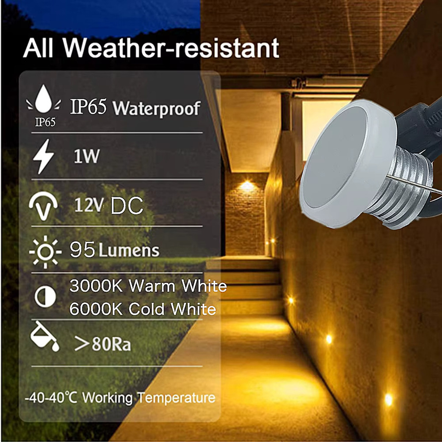 YELEDWAY LED Einbauleuchte für Außentreppen und Garten in Weiß, IP65 wasserdicht, 1W 12V, rund, kühles Weiß - Bild 2