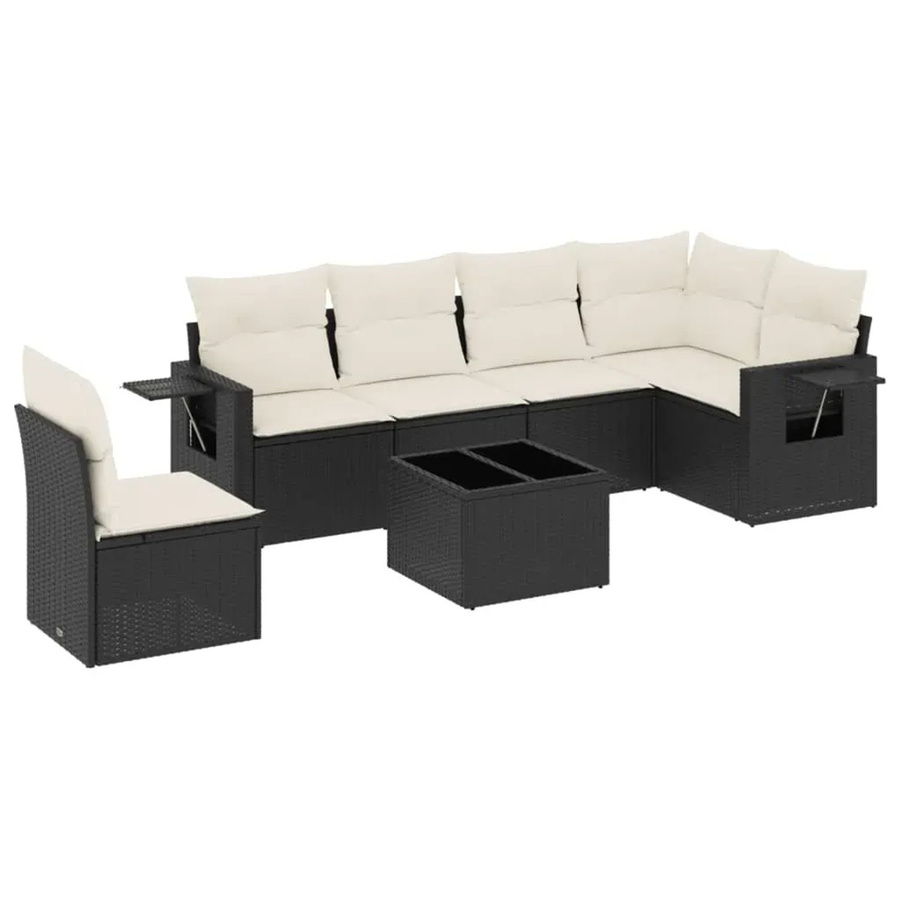 vidaXL 7-teilige Garten-Sofagarnitur in L-Form aus schwarzem PE-Rattan mit Polsterkissen und pulverbeschichtetem Stahlgestell - Bild 2