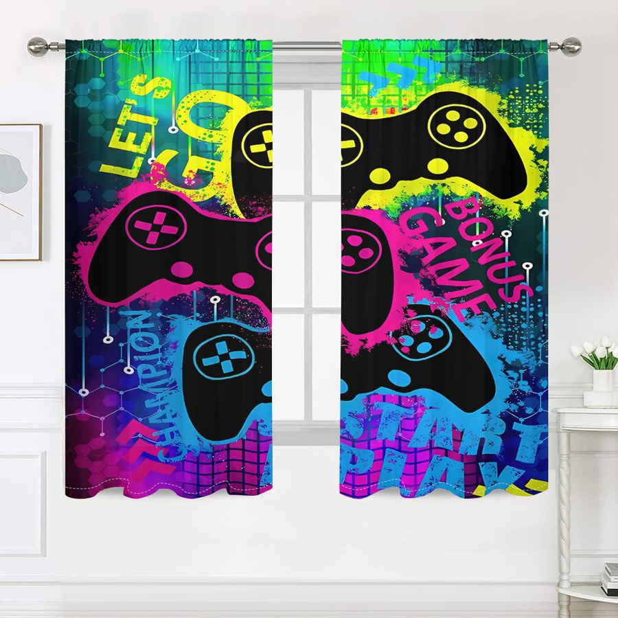 2er-Set Vorhänge mit Gamecontroller-Motiv und Neontext, halbtransparent, Mehrfarbig, B: 150 cm, H: 166 cm - Bild 2