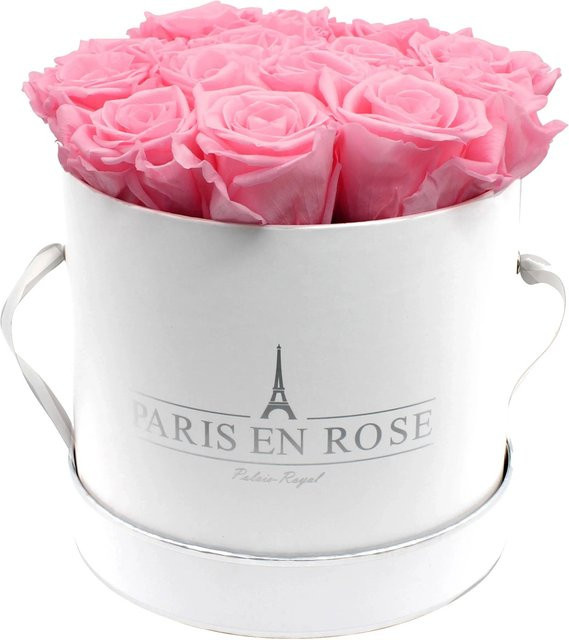PARIS EN ROSE Rosenbox in Weiß-Silber mit 14 rosa Rosen, Durchmesser: 19 cm - Bild 1