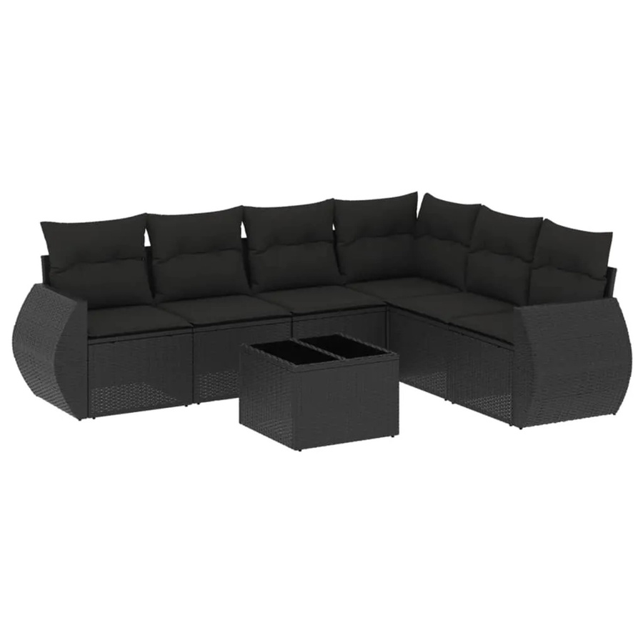vidaXL 7-teilige Garten-Sofagarnitur in L-Form aus schwarzem Poly-Rattan mit Kissen und pulverbeschichtetem Stahlgestell - Bild 2