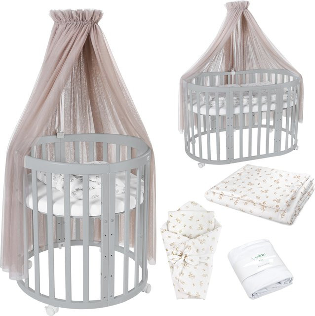 Waldin Babybett OWAL 7in1 Kinderbett aus Buchenholz mit Matratze, mitwachsendes Kinderbett, lackiert - Bild 1