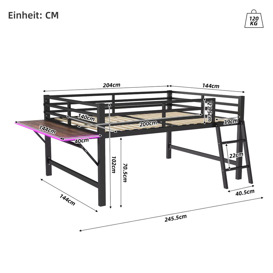 Modernes Multifunktionales Metall-Flachbett in Schwarz mit LED-Unterbettbeleuchtung, B/T: 140 x 200 cm - Bild 2