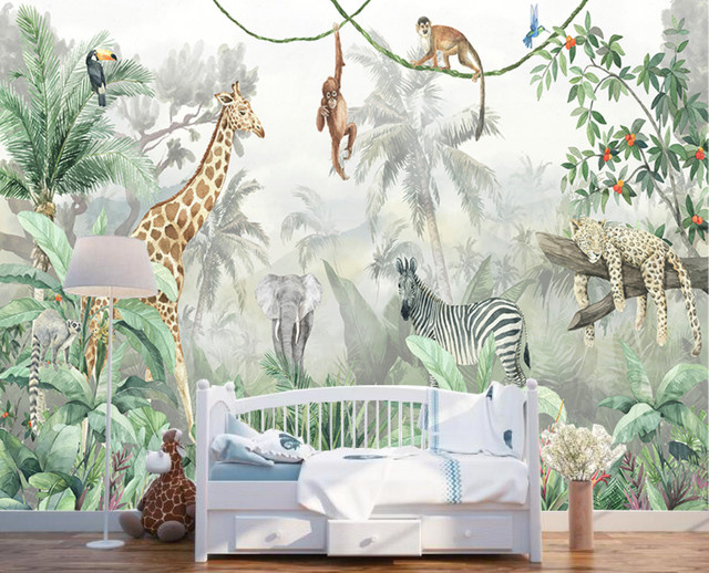 Cartoon Tier Dschungel Wandbild mit Tiger, Elefant und Giraffe für Kindergarten und Kinderzimmer, Mehrfarbig - Bild 1