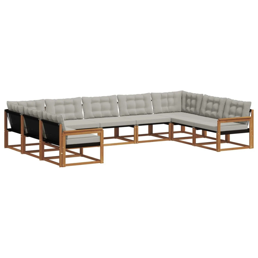vidaXL Outdoor-Sofagarnitur 9-teilig in U-Form aus massivem Akazienholz und Textilene, Hellgrau/Natur - Bild 2