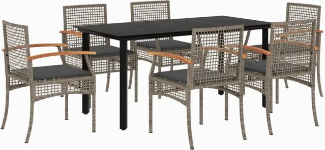 vidaXL 7-teilige Garten-Essgruppe aus Poly Rattan und Akazienholz in Grau mit Kissen und Glastisch - Bild 1