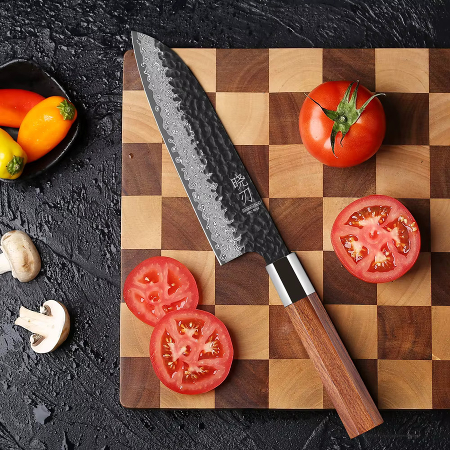 TURWHO Santokumesser aus Damaststahl VG10 mit Holzgriff, handgeschmiedetes japanisches Kochmesser für Fleisch und Gemüse, Silber, Klinge: 17,8 cm - Bild 2