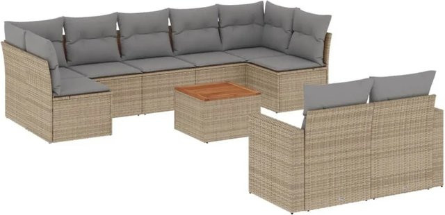 vidaXL 10-tlg. Garten-Sofagarnitur in L-Form aus Poly-Rattan mit Kissen in Beige - Bild 1