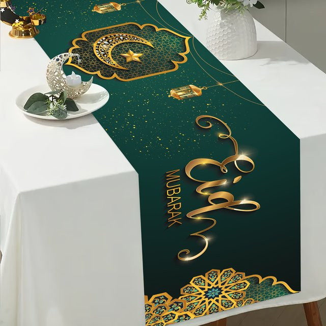 VIKAMA Ramadan Tischläufer mit Eid Al Fitr Motiv in Grün aus Leinen, B/H: 90 x 33 cm - Bild 1
