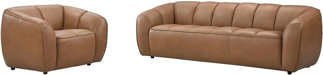 Couchgarnitur Pradoni aus Rindsleder mit 3-Sitzer-Sofa und Sessel in Camel, gesteppt - Bild 1