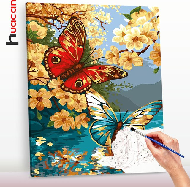 Huacan Malen nach Zahlen Schmetterling Blume, Ölgemälde, Wanddekoration - Bild 1
