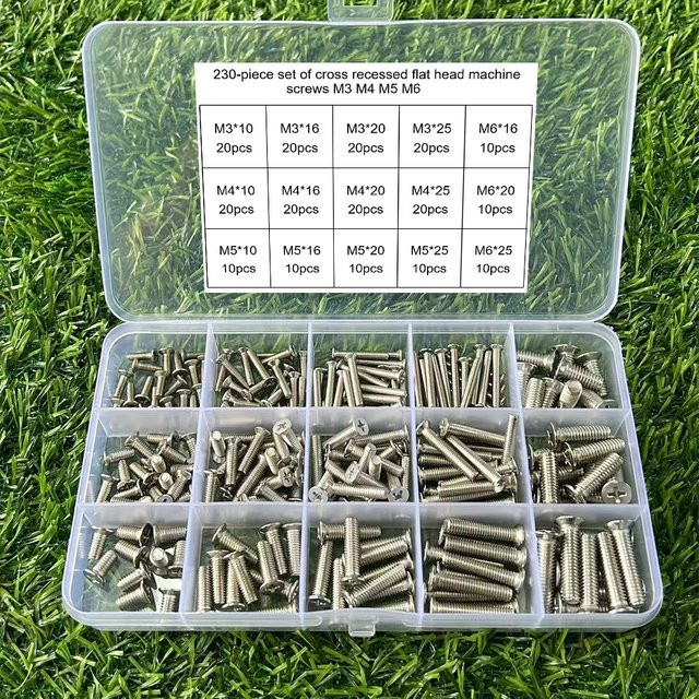Senkkopfschrauben aus Edelstahl mit Kreuzschlitz und Vollgewinde in Silber, Set mit 120 bis 230 Stück (M3/M4/M5/M6) - Bild 1