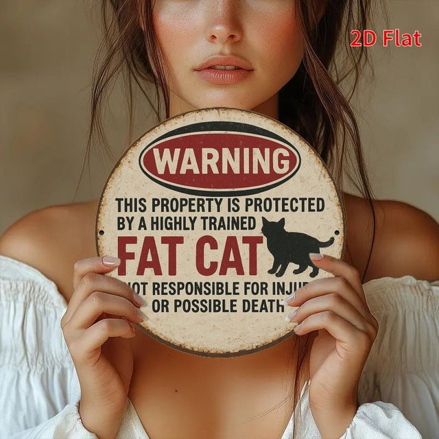 Potdemiel Rundes Metallschild Vintage Warning This Property is Protected by a Highly Trained Fat Cat Wandekunst Mehrfarbig Durchmesser: 20 cm - Bild 1