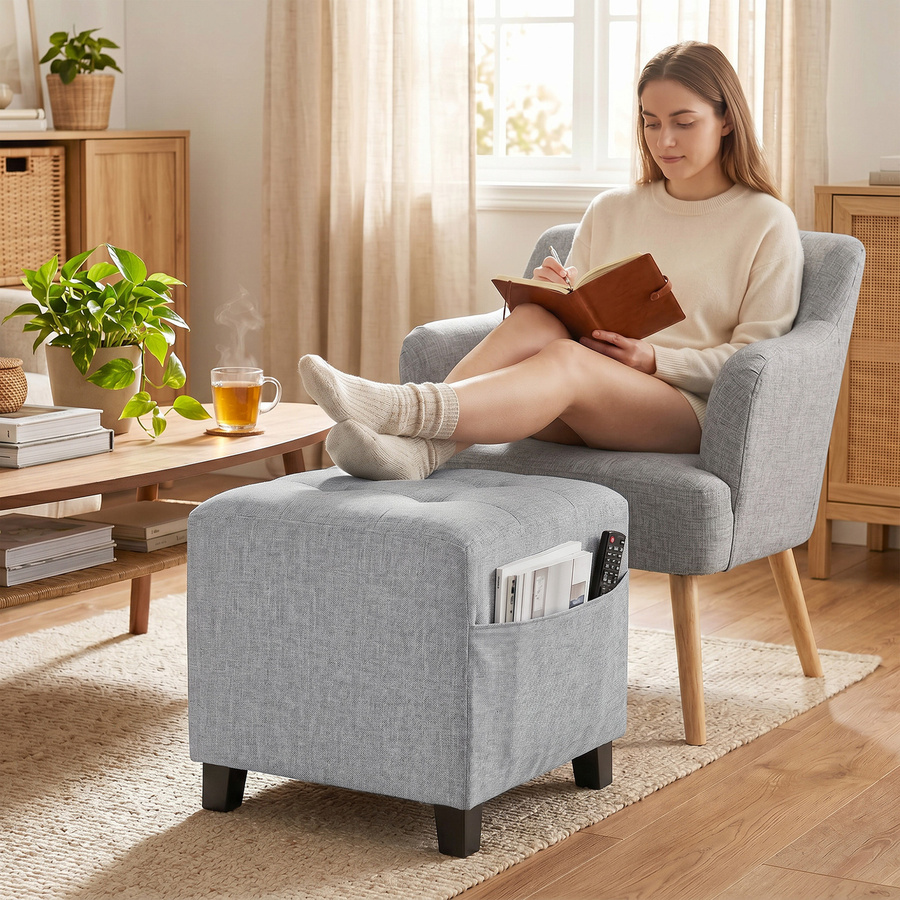 HOMCOM quadratischer Hocker mit Seitentasche in Hellgrau, gepolsterter Sitz mit Leinenoptik und Gummibaumholzbeinen, B/T/H: 35 x 35 x 35 cm - Bild 2