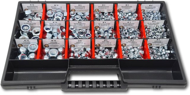 Schraubenbox24 Muttern Sortiment M4-M12 mit Selbstsicherung, verzinkt, Silber, 554-teilig - Bild 1