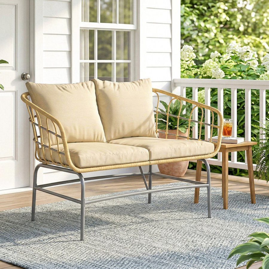 Outsunny 2-Sitzer Gartensofa aus Polyrattan in Braun mit beigen Kissen für Balkon und Terrasse - Bild 2