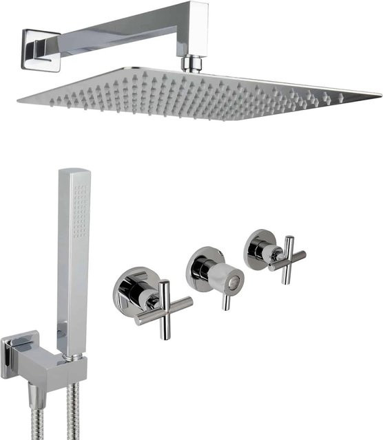 PaulGurkes Regendusche Unterputz Komplett-Set aus Messing mit Wandarm und zwei Griffen, Durchmesser: 30 cm, Farbe: Chrom - Bild 1