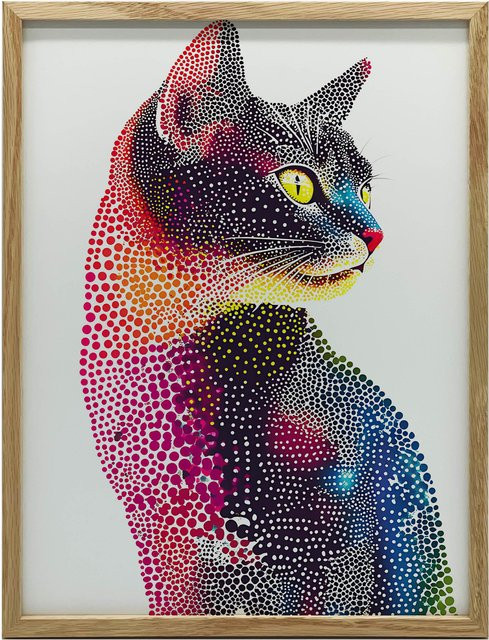 iKable Poster Katze in buntem Mosaik mit dunkelbraunem Holzrahmen, Breite: 30 cm, Höhe: 40 cm - Bild 1